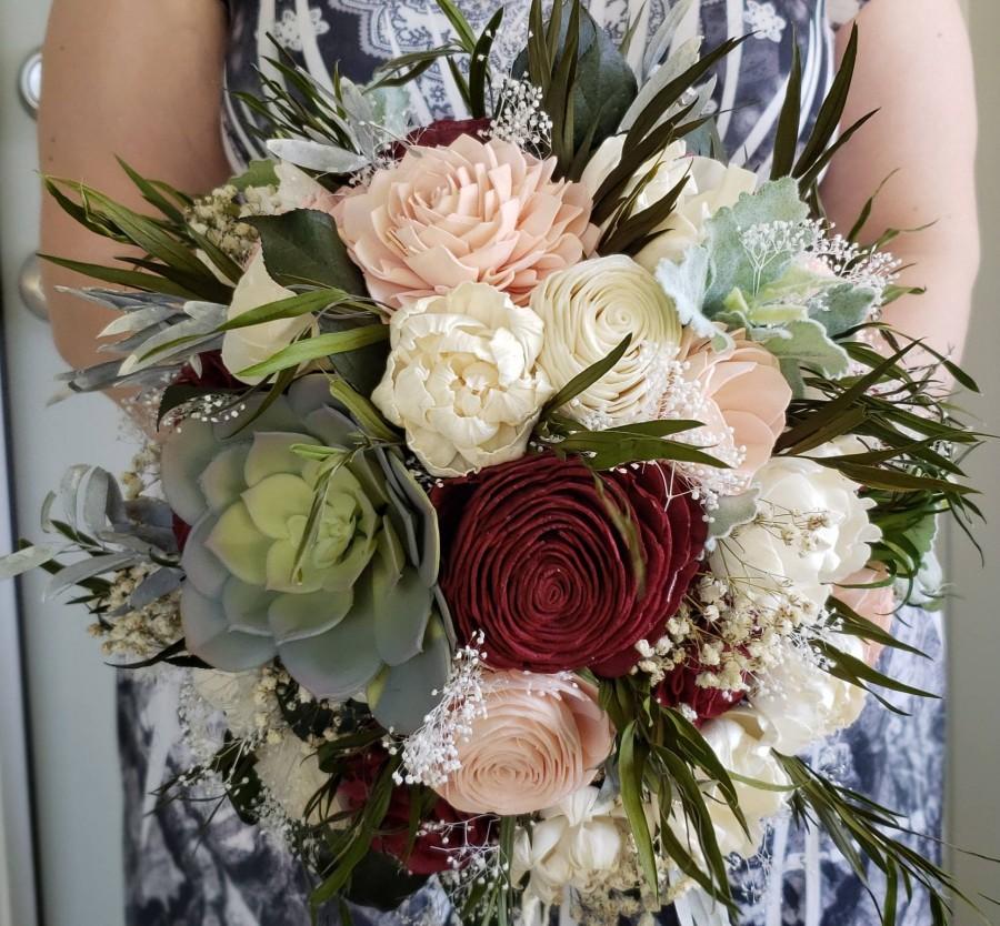 زفاف - Burgundy and blush succulent bouquet,  sola wood flower bouquet, bohemian bouquet