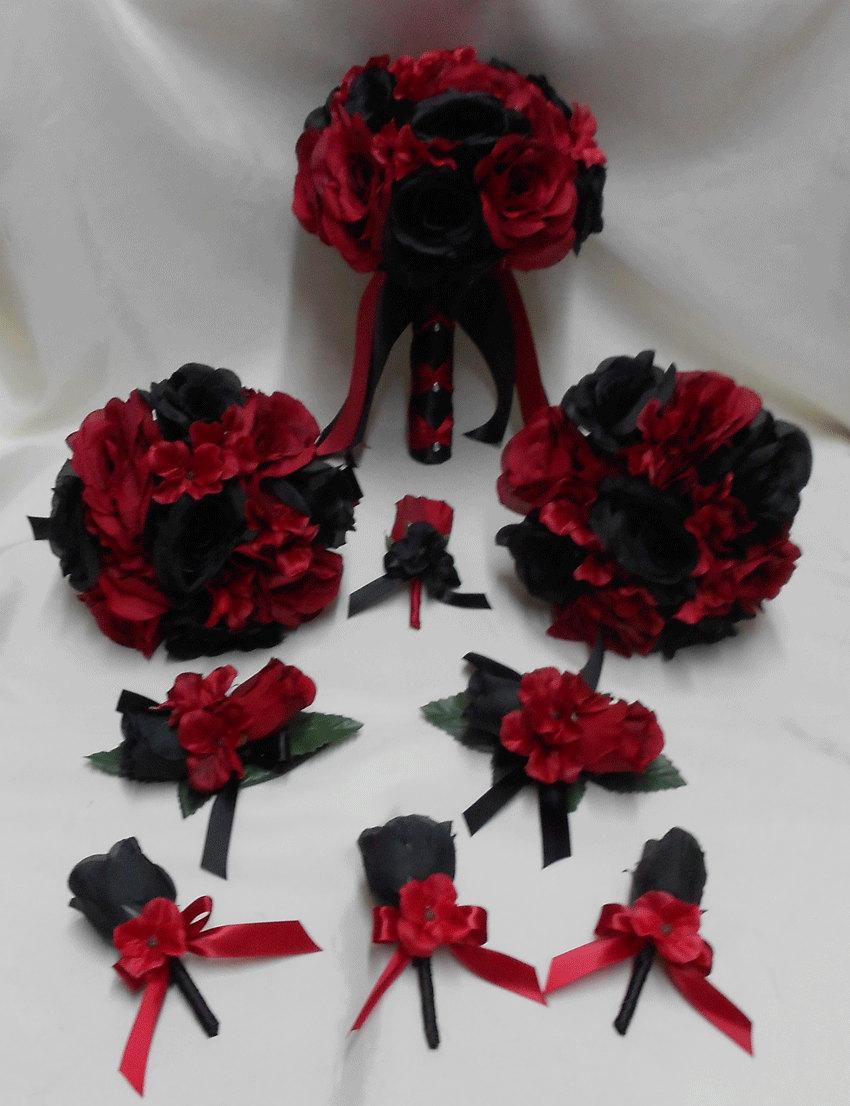 Mariage - Wedding  Silk Flower Bridal Bouquets Your Colors 18 pcs Package  Apple Red Black Roses  Toss Bridesmaids  Boutonniere Corsages FREE SHIPPING