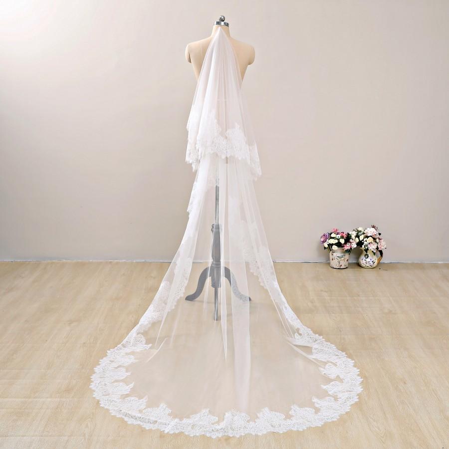 Hochzeit - Lace Edge Blusher Wedding Veil, One Tier Cathedral Veil, Ivory Chapel Length Wedding Veil, Lace Edged Chapel Veil, Blusher Veil with Comb