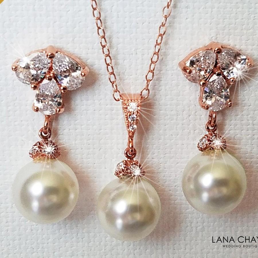 Hochzeit - Rose Gold Pearl Jewelry Set, Swarovski White Pearl Drop Earrings&Necklace Set, Rose Gold Wedding Jewelry Set, Pink Gold Pearl Bridal Jewelry