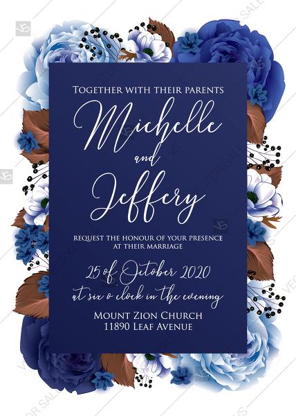 Hochzeit - Wedding invitation set navy blue peony anemone PDF 5x7 in customize online
