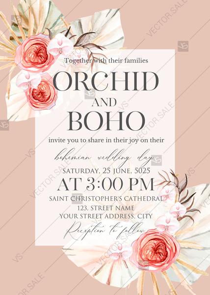 Mariage - Tropical dried palm leaves and terracotta hues wedding invitation template PDF 5x7 invitation editor