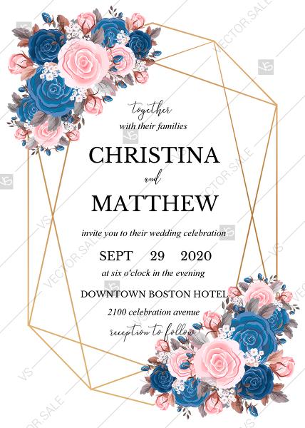 Hochzeit - Wedding invitation pink navy blue rose peony ranunculus floral card template PDF 5x7 in PDF editor