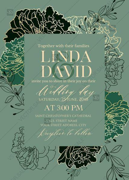 زفاف - White peony foil gold stamping custom card template emerald green wedding invitation set PDF 5x7 in