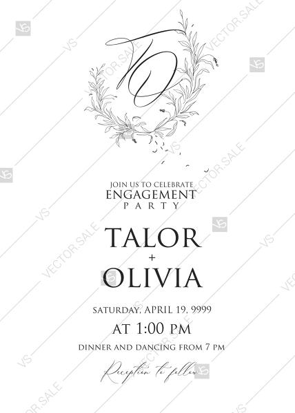 Mariage - Minimalistic olive eucalyptus leaves brunch line art trend ink wedding engagement invitation set PDF 5x7 in edit template