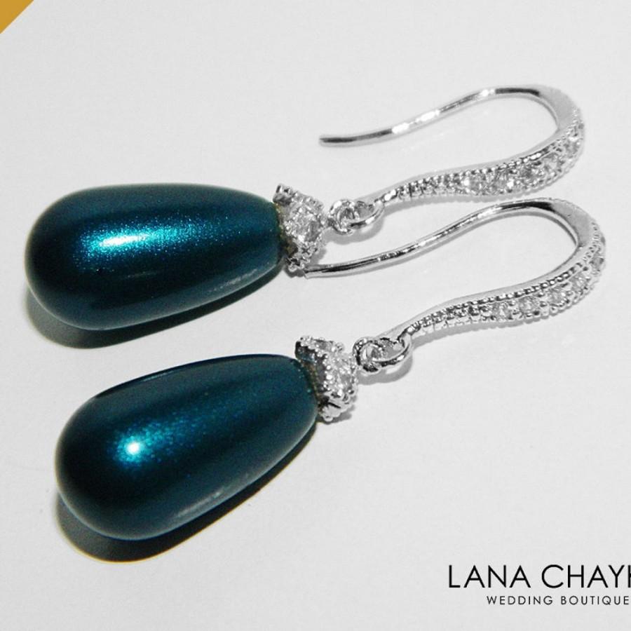 Свадьба - Dark Teal Teardrop Pearl Earrings, Swarovski Petrol Pearl Earrings, Wedding Peacock Jewelry, Pearl Dangle Earrings, Dark Teal Blue Jewelry