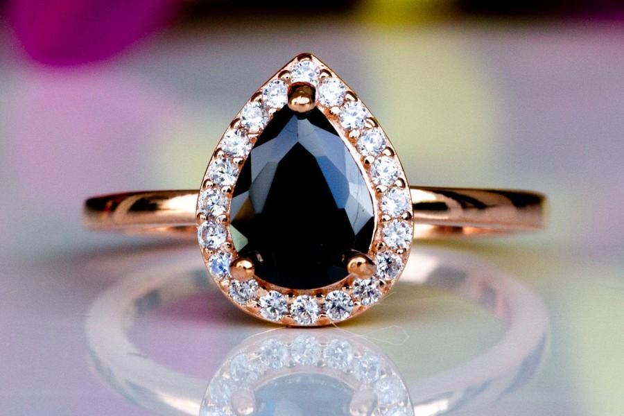 Wedding - Pear Black Diamond Ring, 14k Rose Gold Plated, Engagement,Black Gemstone Ring, Anniversary, Valentines, Gift for Her
