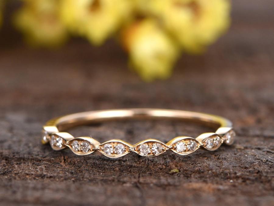 Wedding - solid 14k yellow gold bridal promise ring,Marquise diamond wedding band,half eternity band,anniversary ring,Deco stacking matching band