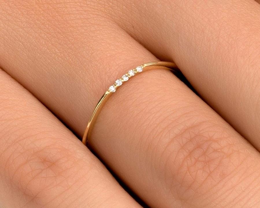 Wedding - 14K Dainty Solid Gold Wedding Band with Natural Diamonds Minimalist Hand Made Ring in Size 4 to 10 in Color White, Yellow & Rose Gold 1.30MM
