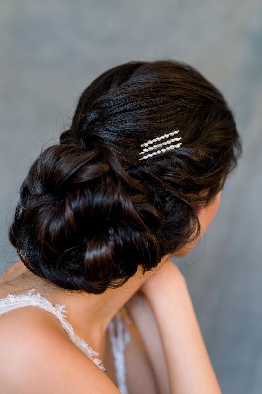 Wedding - Vintage Pearl Bobby Pins, Minimalist Hair Piece, Bridal Hair Pins, Gold Hair Accessory, Pearl Hair Barrette, Silver Bobbies, Set of 3, AMBRE