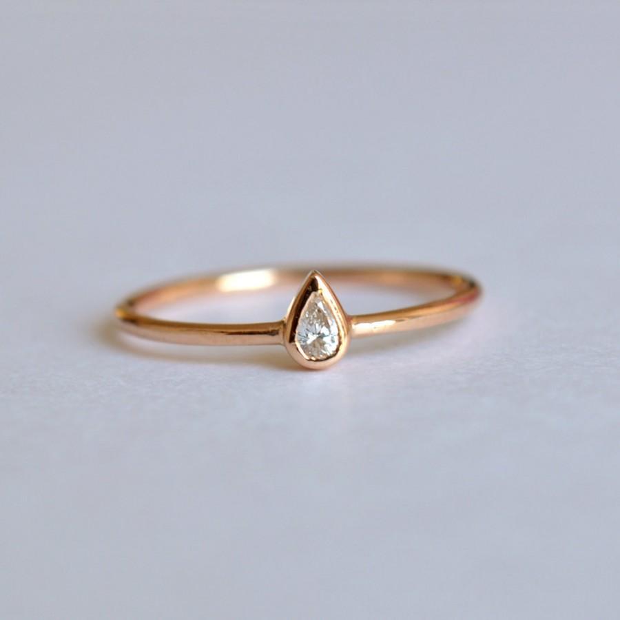 زفاف - Pear Diamond Engagement Ring. 14K Rose Gold Bezel Teardrop Baby Diamond Ring. Dainty Stacker Wedding Anniversary Ring. Gifts for Her. Bridal