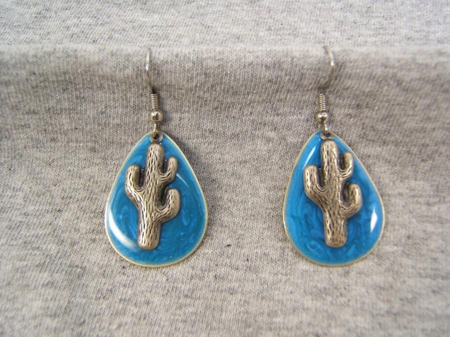 زفاف - Gift for Girl Woman Her Yourself Silver Southwestern Cactus Earrings Jewelry Cowgirl Festival Rodeo Accessories Boho Bohemian Blue #80440