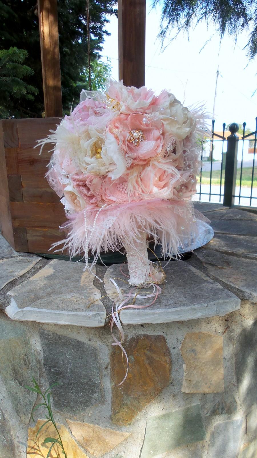 Hochzeit - Shabby chic Bridal bouquet with Rhinestones Beadings Pearls , Blush pink bouquet, Alternative Bridal Brooch Bouquet, Wedding Bouquet