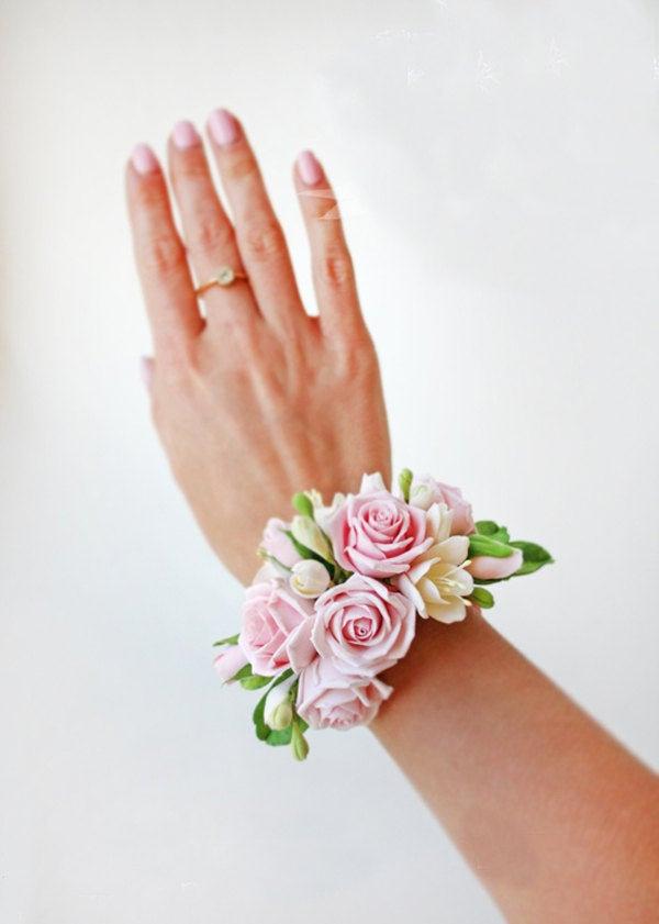 زفاف - Pink Rose Prom Wrist Corsage - Rustic Wedding Flower Bracelet, Beach Bridal Accessories