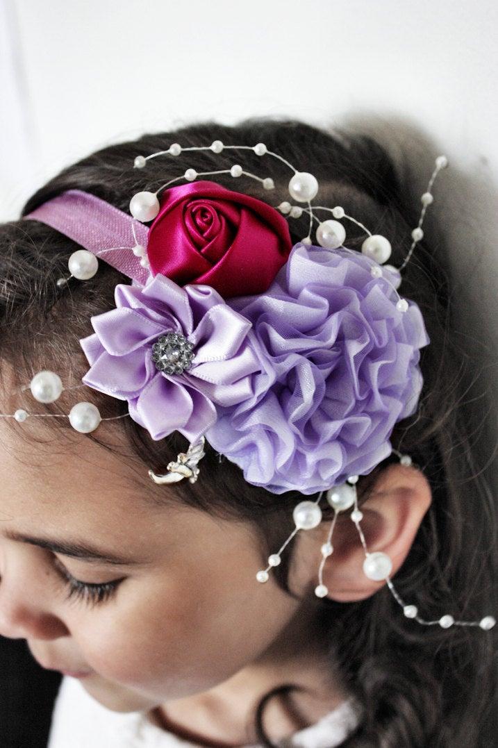 Hochzeit - 12m to 4T Toddler Headband, Raspberry Rose Lilac Headband, Lilac Flower Headband, Baby Girl Headband Flower Girl Wedding Prop
