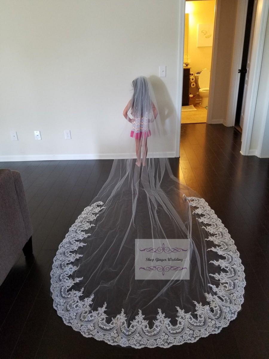 Hochzeit - Custom Handmake Lace Edge 1 Tier Tailor Custom Handmade Scalloped Sequins  Cathedral  Royal Wedding Bridal Veil