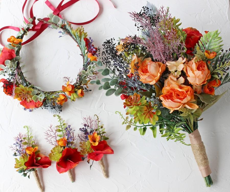 Свадьба - Fall wedding accessories set, Burnt orange greenery flower crown, Bridal wedding bouquet, Burnt orange groom or groomsman boutonniere
