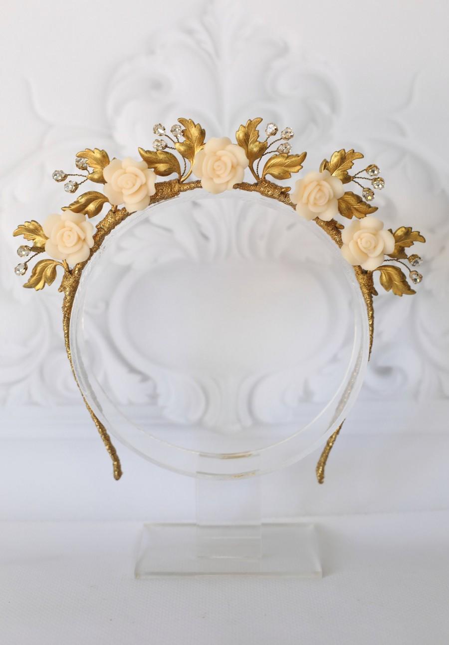 Mariage - Flower wedding crown floral bridal jewelry crystal Swarovski tiara leaf hair piece bride diadem rhinestone gold headpiece dolce headdress