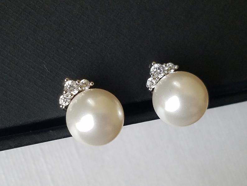 Mariage - White Pearl Bridal Earrings, Swarovski 10mm Pearl Earring Studs, Wedding Pearl Earrings, Wedding Bridal Jewelry, Pearl Silver Earring Studs