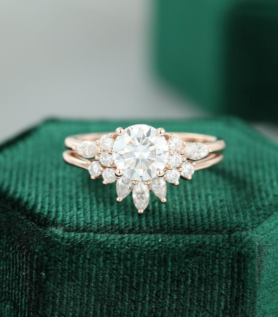 زفاف - Moissanite engagement ring set rose gold unique Cluster engagement ring for women vintage Marquise Pear shaped Promise Anniversary gift