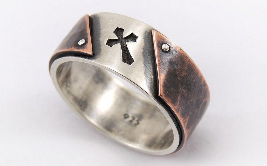 زفاف - Rustic Cross mens ring of sterling silver and copper,Men wedding ring,Unique wedding or Engagement Ring,christian ring,mens wedding band