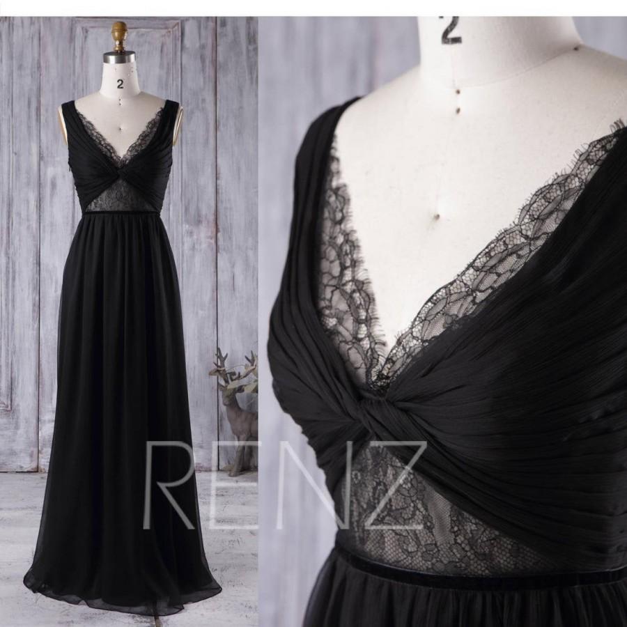 زفاف - Bridesmaid Dress Black V Neck Boho Lace Long Formal Dress Ruched Chiffon Evening Dress Women (L135)
