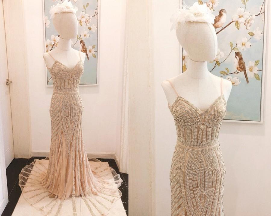 زفاف - Sparkly Mermaid Prom Dress with Train Long Champagne Gold Prom Evening Gowns Thin Straps Gold Crystal Prom Dress Evening Dress for Women
