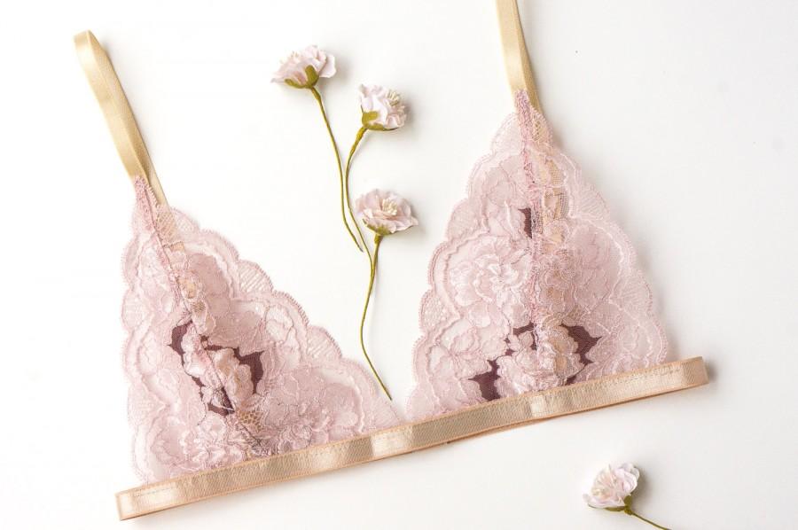 Wedding - Lace bra lace bralette soft bra underwear sexy lingerie crop top sheer triangle scalloped see through lingerie lacy intimates honeymoon pink