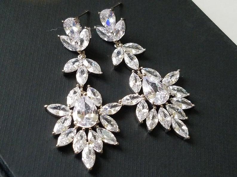 Hochzeit - Crystal Bridal Earrings, Wedding Chandelier Earrings, Crystal Silver Dangle Earrings, Statement Earrings, Bridal Jewelry Sparkly CZ Earrings