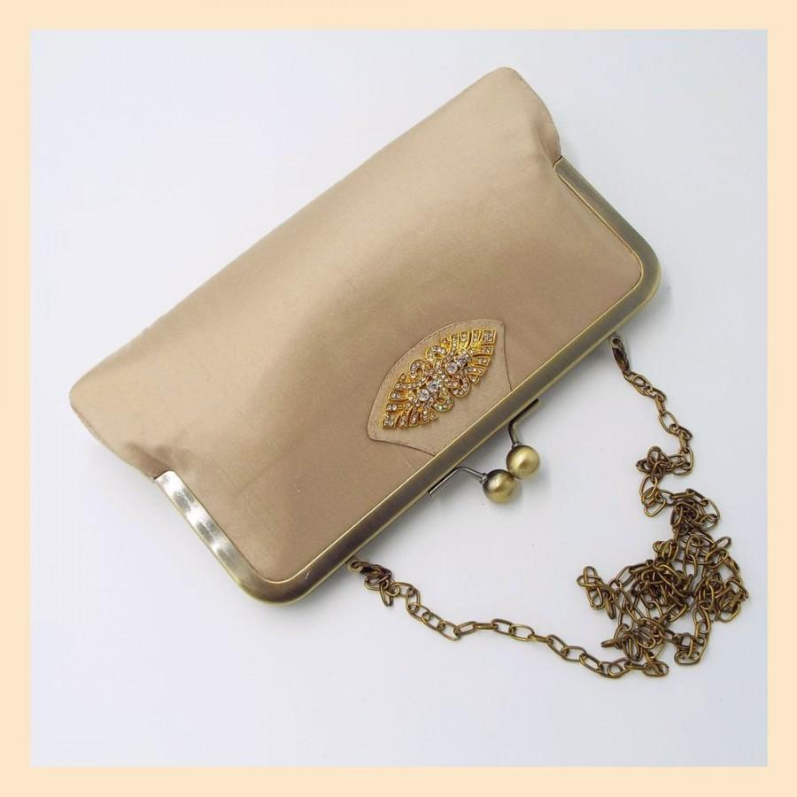 Hochzeit - Wedding clutch bag, taupe silk bridal purse, Art Deco wedding bag, bridesmaid gift with personalisation