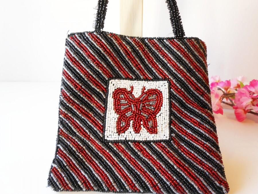 Hochzeit - Vintage Beaded Evening Bag, Butterfly Design Handbag,  EB-0556