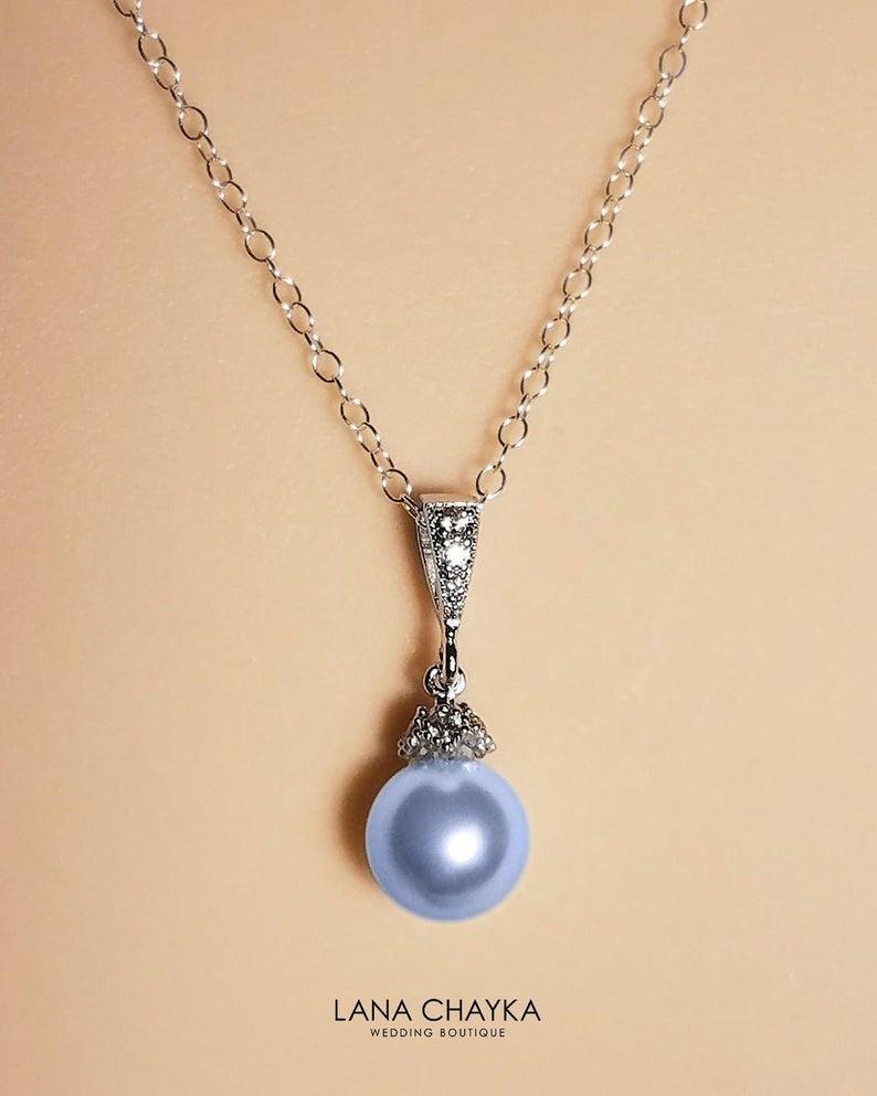 زفاف - Light Blue Pearl Necklace, Swarovski 8mm Blue Pearl Pendant, Bridal Pearl Necklace, Light Blue Pearl Silver Necklace, Bridesmaids Jewelry
