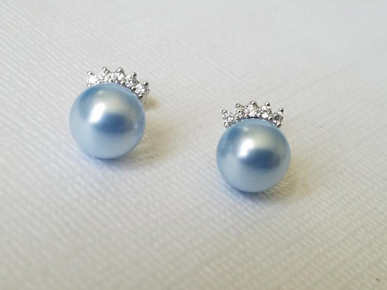 Hochzeit - Blue Pearl Bridal Earrings, Swarovski 8mm Light Blue Pearl Silver Earrings, Wedding Earrings, Bridesmaid Blue Jewelry Light Blue Pearl Studs