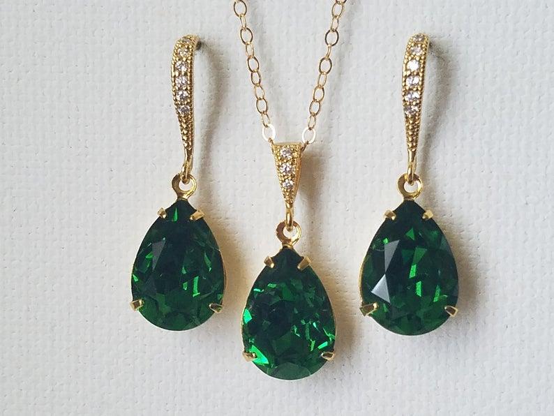 Mariage - Dark Moss Green Crystal Jewelry Set, Swarovski Green Rhinestone Gold Set, Green Teardrop Bridesmaids Jewelry, Wedding Bridal Green Jewelry