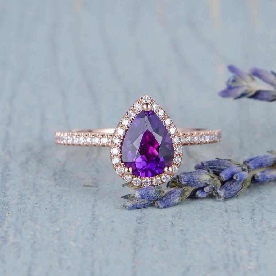 Wedding - Pear Shaped Engagement Ring Rose Gold Amethyst Ring for Women February Birthstone Promise Diamond Halo Gift For Her Anniversary Gift Classic