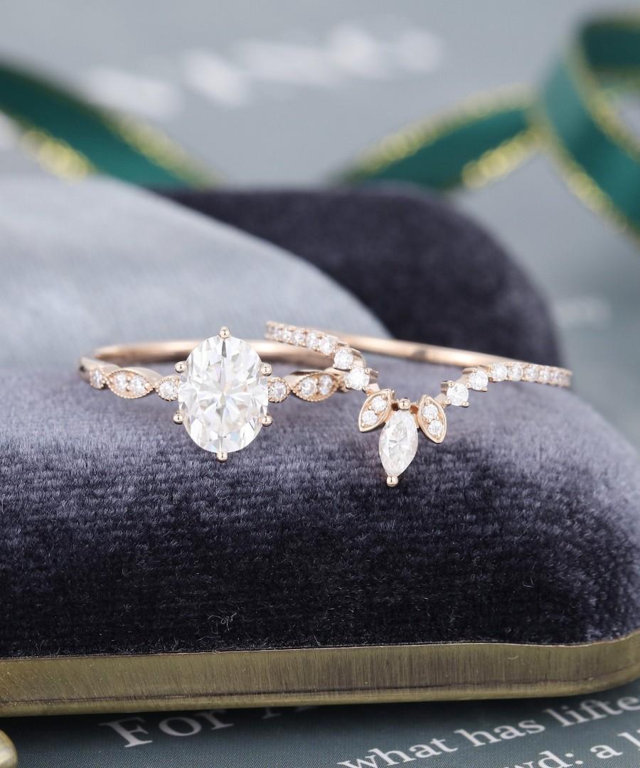 زفاف - Oval white sapphire engagement ring set rose gold Unique engagement ring vintage Curved Marquise cut wedding Bridal Anniversary gift for her
