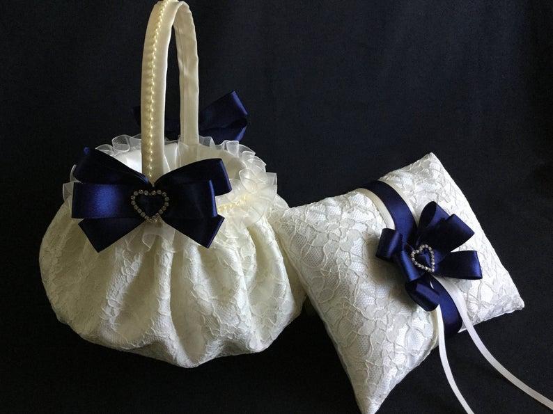 Mariage - Navy blue flower girl basket, ivory flower girl basket, navy blue ring bearer pillow, lace flower girl basket, wedding ring pillow