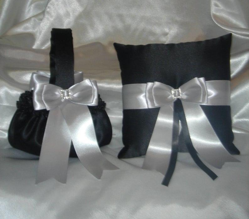 Wedding - Custom colors- Black & silver wedding Flower girl basket, black Ring bearer pillow, black flower girl basket, ring bearer box,