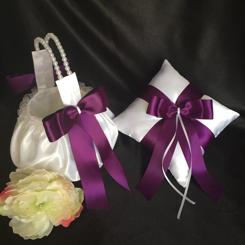 Hochzeit - plum flower girl basket, plum ring bearer pillow, white flower girl basket, wedding flower girl basket, ring pillow, custom color ribbons