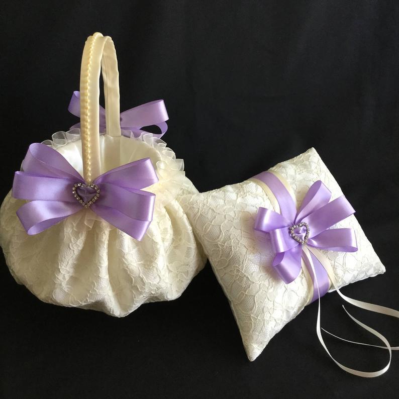 Hochzeit - Lavender ring bearer pillow, ivory flower girl basket, lavender wedding flower girl basket, lace flower girl basket, lace ring bearer pillow