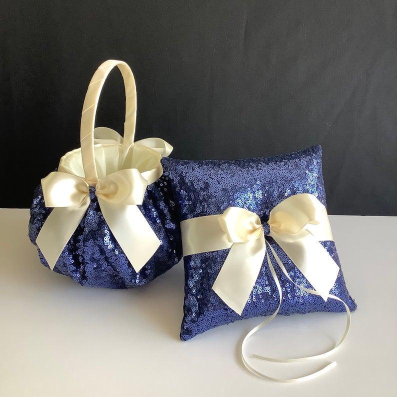 Hochzeit - Navy blue Ring bearer pillow, wedding flower girl bag, navy sequin flower girl basket, navy wedding ring bearer pillow, flower girl gift