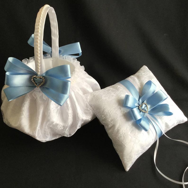 Hochzeit - Light blue flower girl basket, white ring bearer pillow, light blue ring bearer pillow, wedding flower girl basket, wedding ring pillow