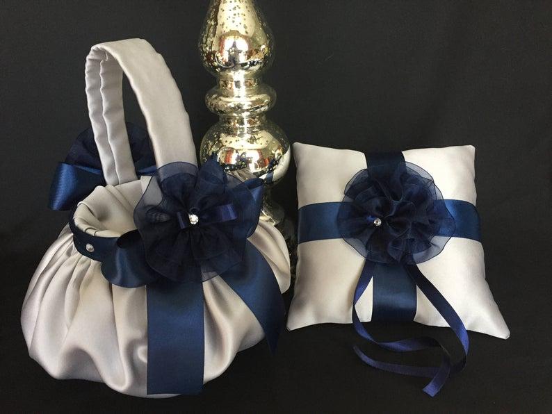 Mariage - Silver and navy blue flower girl basket, silver ring bearer pillow, silver wedding flower girl basket, navy blue flower girl basket