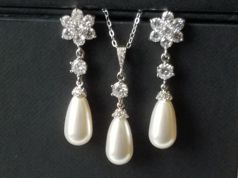 زفاف - White Teardrop Pearl Bridal jewelry Set, Swarovski White Pearl Earrings&Necklace Set, Wedding Pearl Jewelry Set, Pearl Silver Bridal Jewelry