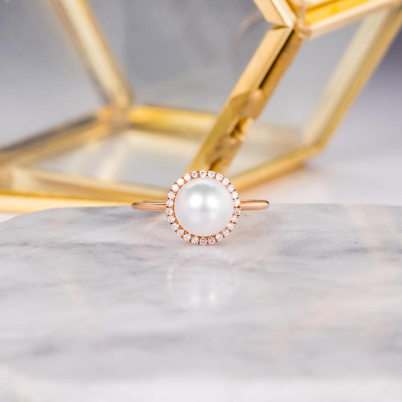 Свадьба - Pearl Engagement Ring Rose Gold Round Cut Halo Diamond Eternity Wedding Bridal Women Anniversary Gift June Birthstone 7mm