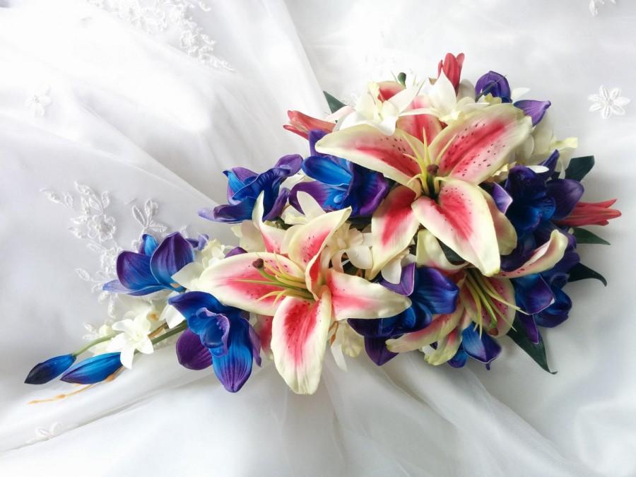 Wedding - Wedding Natural Touch Blue Purple dendrobium orchids Silk Ivory Orchids and True Touch Stargazer Rubrum Lilies Cascade Wedding Bouquet