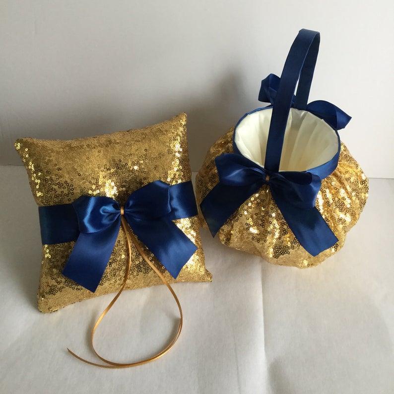 Mariage - Gold flower girl basket, gold ring bearer pillow, gold sequin flower girl basket, gold & navy flower girl basket, custom ribbon colors
