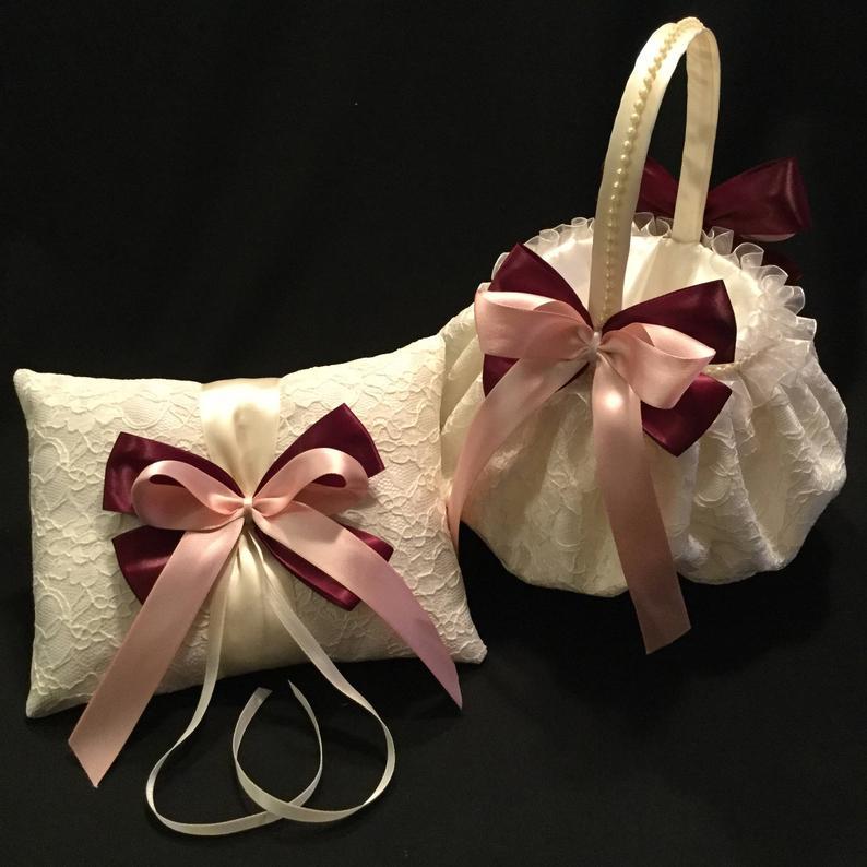 Hochzeit - Ivory flower girl basket,ring bearer pillow, lace wedding flower girl basket, ivory wedding ring pillow, flower girl gift