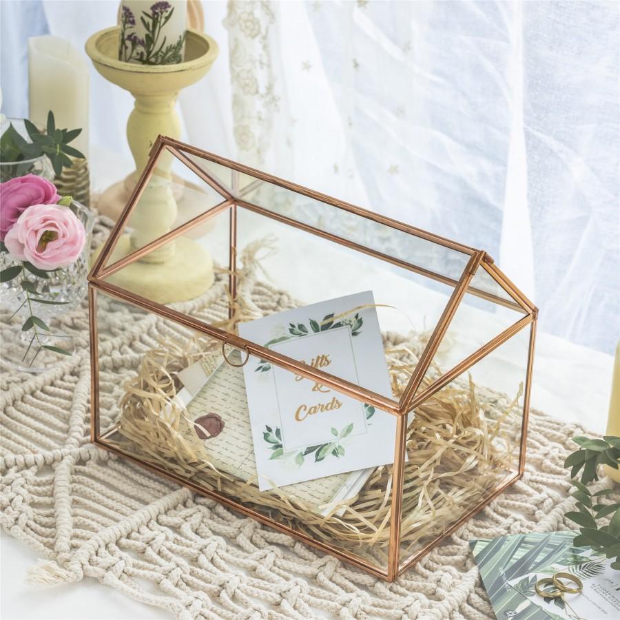 زفاف - Geometric Glass Card Box Terrarium, Rose Gold, Handmade, Pure Copper, House Shape,for Wedding Receiption, Wishwell, Keepsake Centerpiece