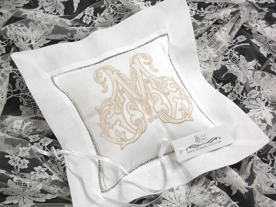 زفاف - Monogrammed Ring Bearer Pillow embroidered with single initial, names and date on the back,  jfyBride Style 5221